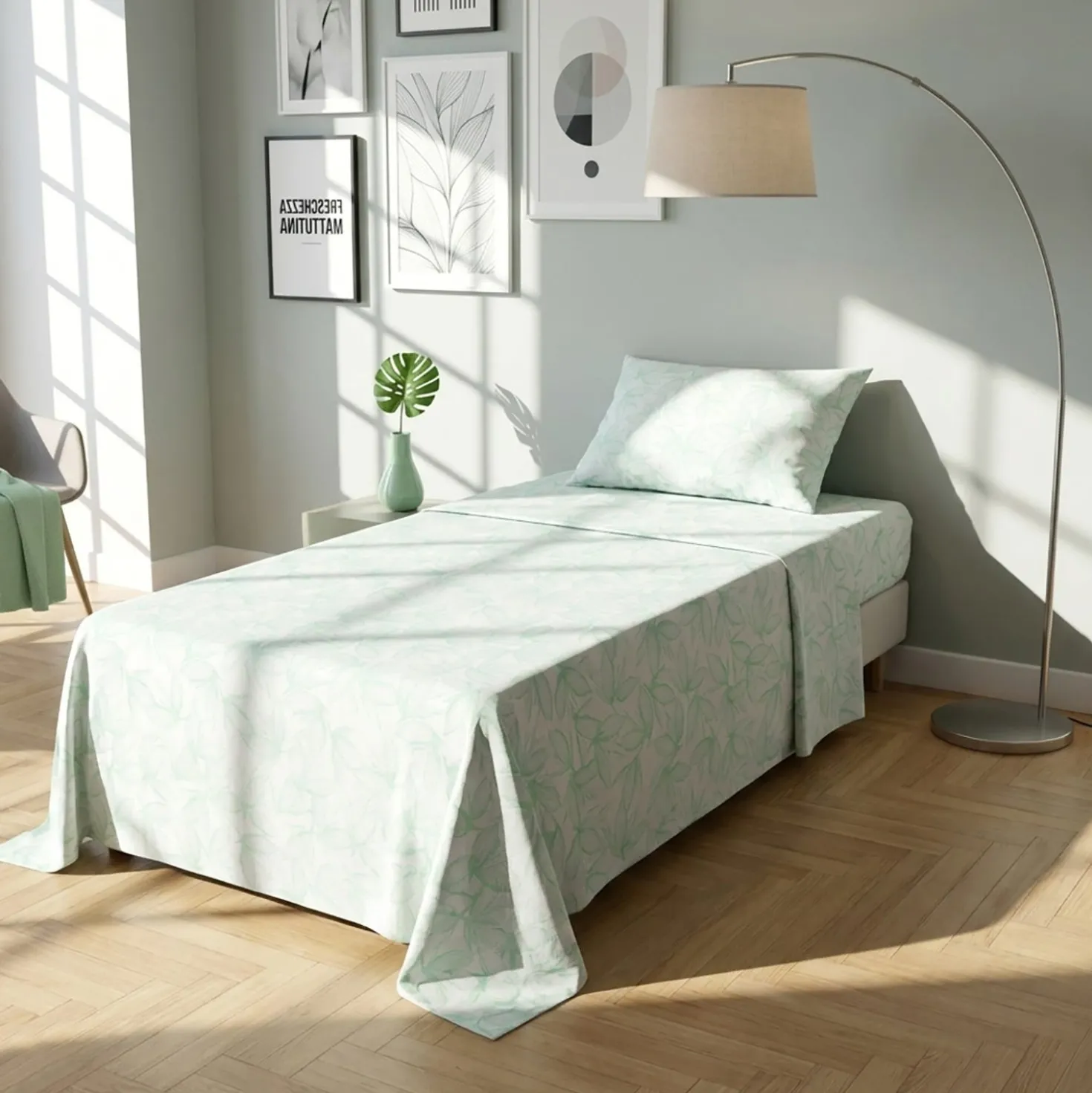 Completo letto singolo policotone foglie verde