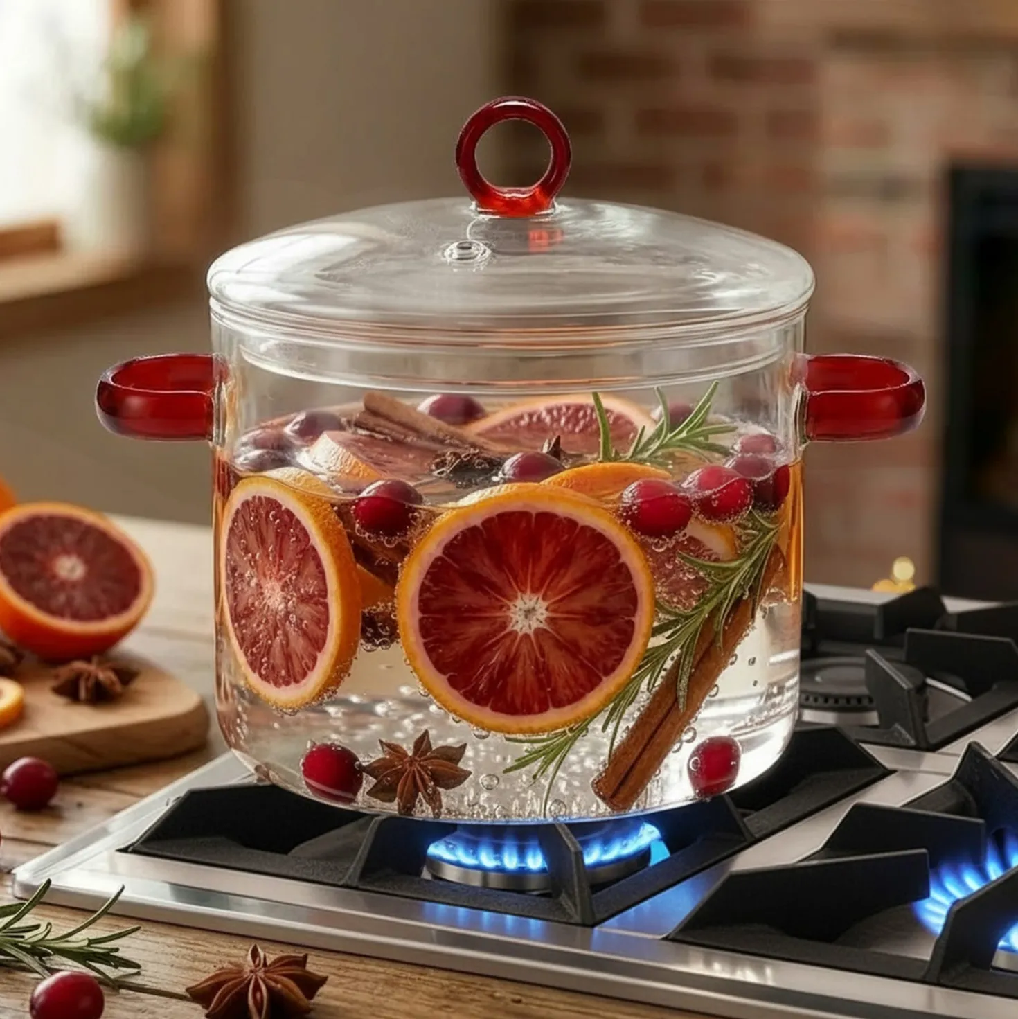 Pentola 1,5 L vetro borosilicato con coperchio manici rossi