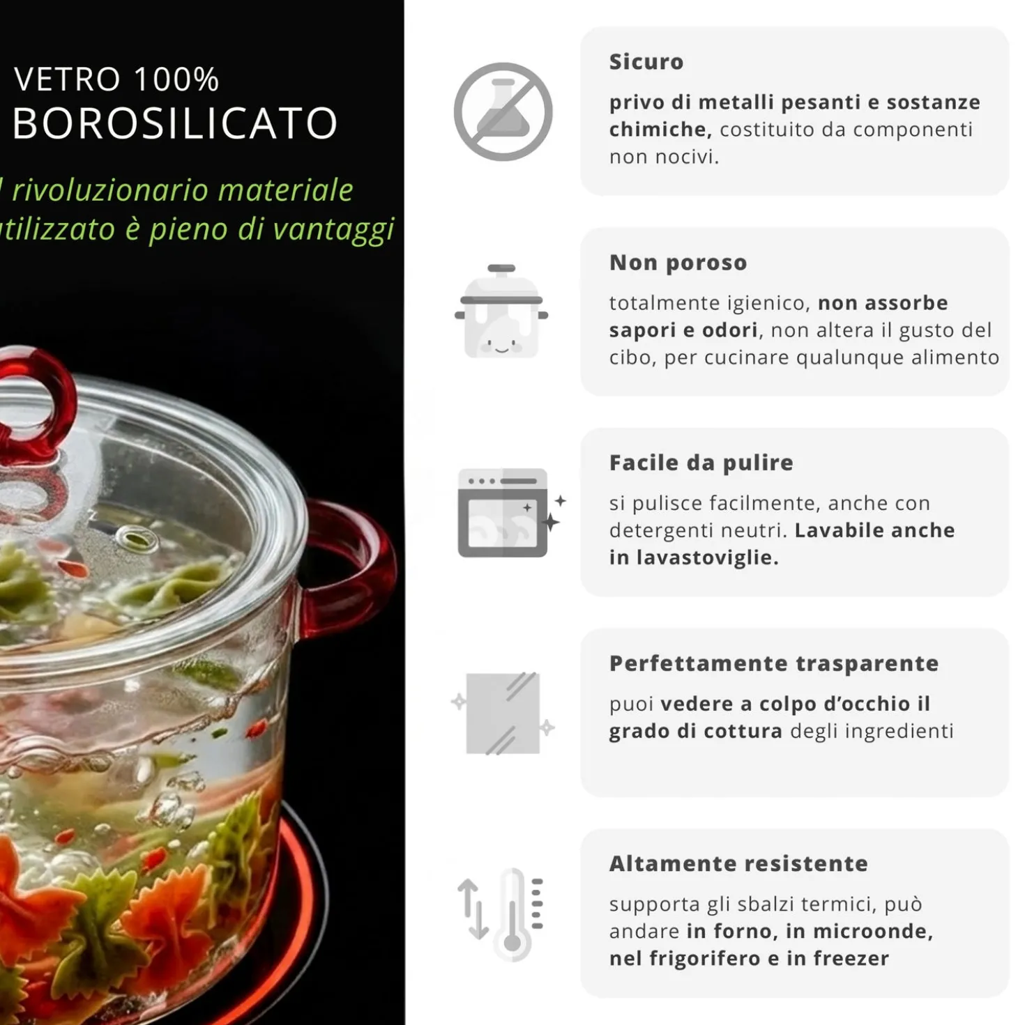 Pentola 1,5 L vetro borosilicato con coperchio manici rossi