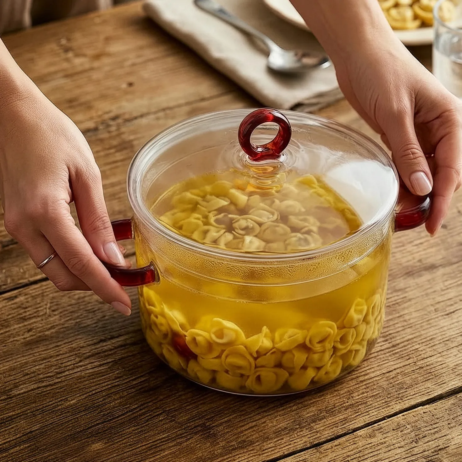 Pentola 1,5 L vetro borosilicato con coperchio manici rossi