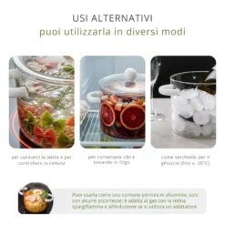 Pentola 2,5 L vetro borosilicato con coperchio manici bianchi