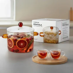 Pentola 2,5 L vetro borosilicato con coperchio manici ambra