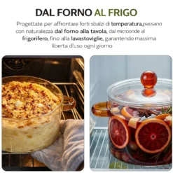 Pentola 2,5 L vetro borosilicato con coperchio manici ambra
