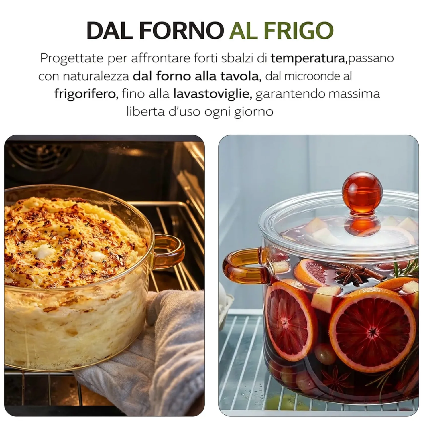 Pentola 2,5 L vetro borosilicato con coperchio manici ambra