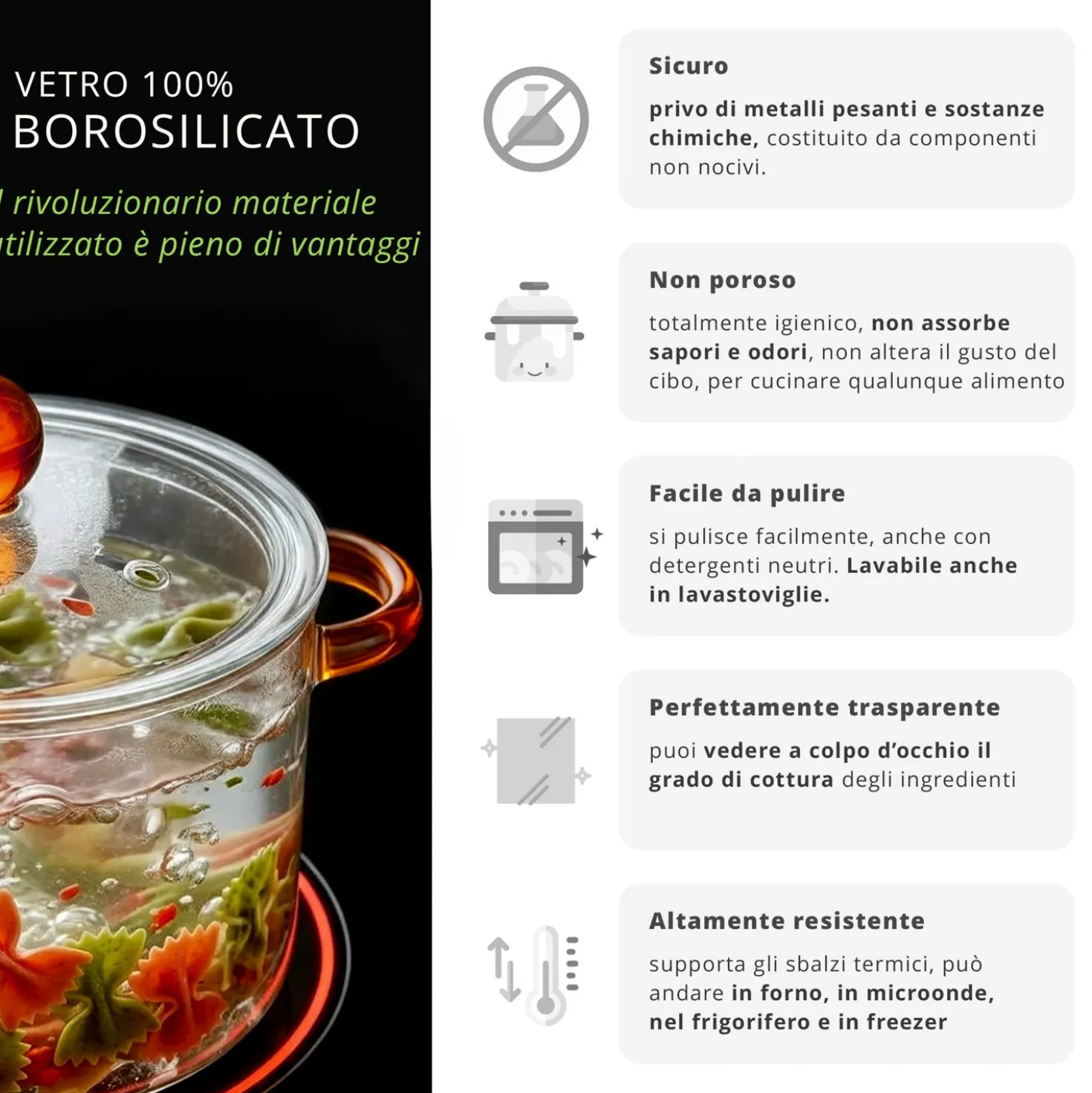 Pentola 2,5 L vetro borosilicato con coperchio manici ambra