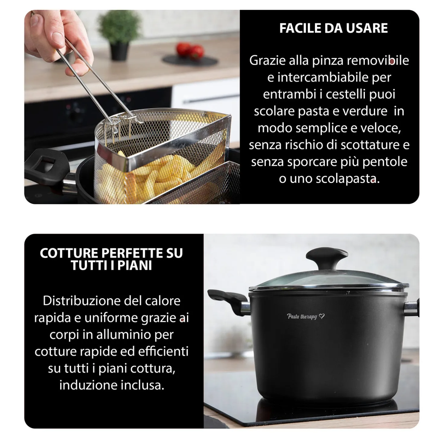 Pentola pasta 22 cm nera con 2 cestelli e coperchio