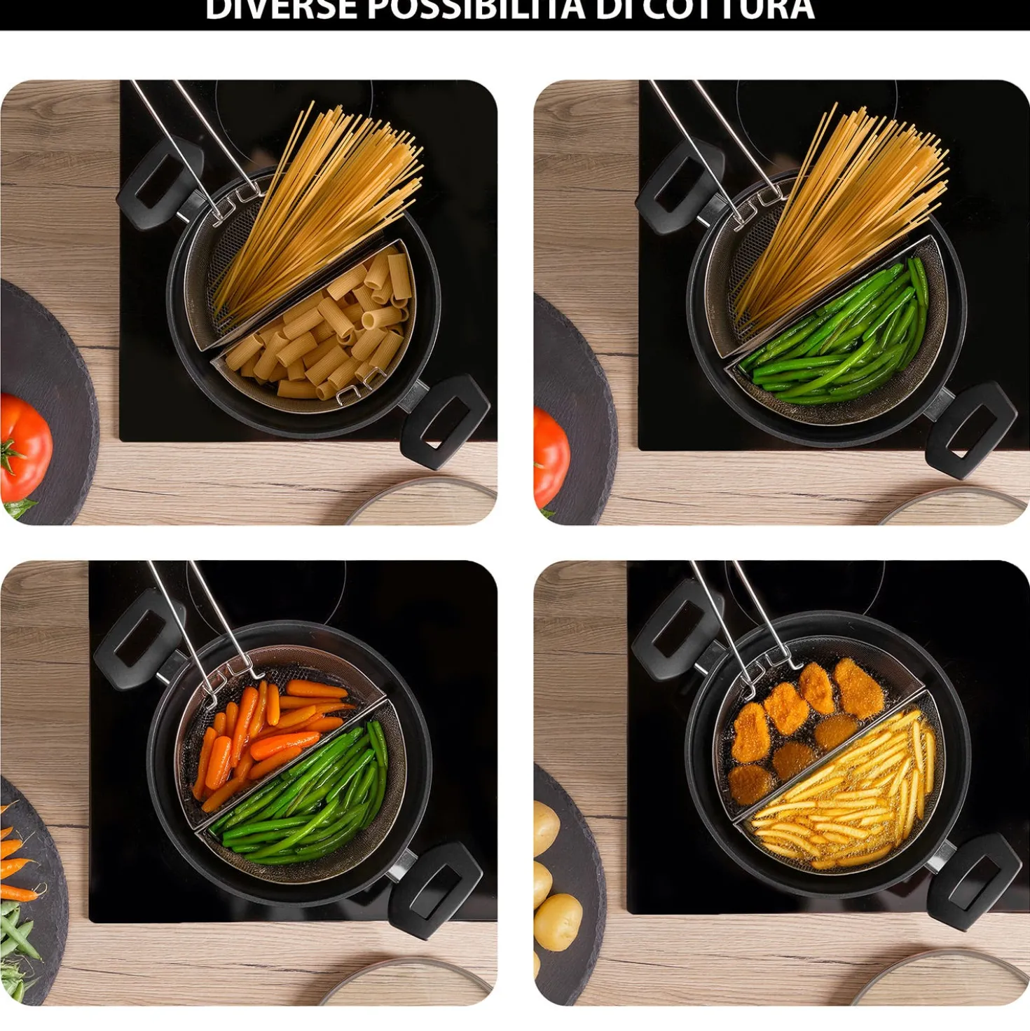 Pentola pasta 22 cm nera con 2 cestelli e coperchio