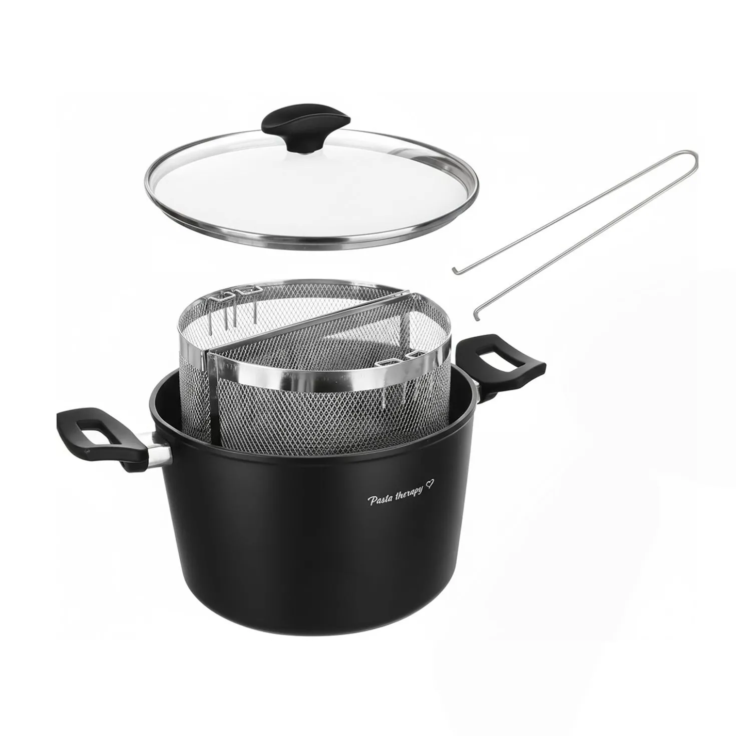 Pentola pasta 22 cm nera con 2 cestelli e coperchio