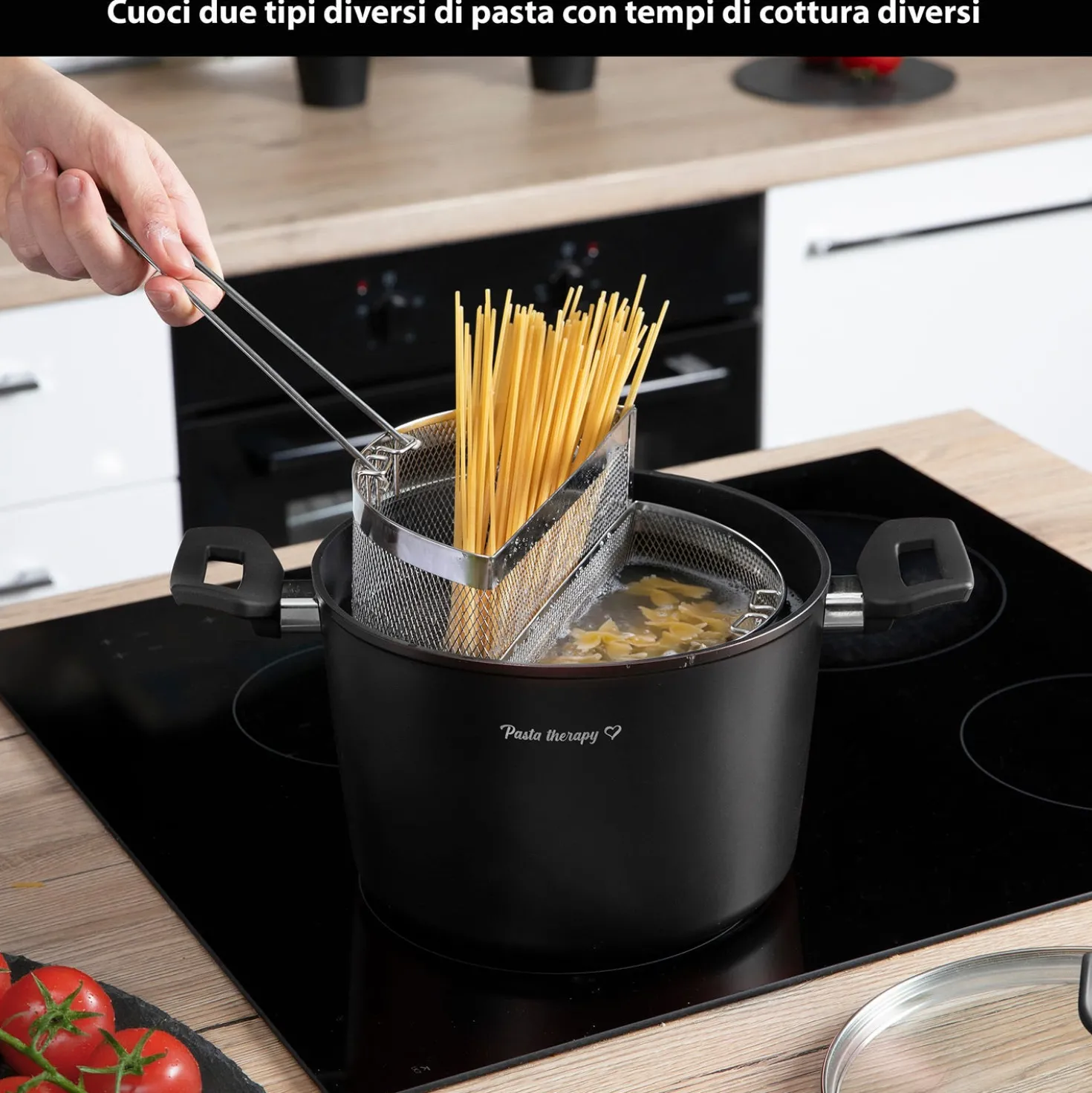 Pentola pasta 22 cm nera con 2 cestelli e coperchio
