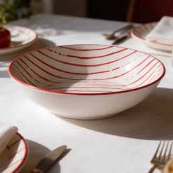 Piatto fondo bianco righe rosso porcellana Mix e Match