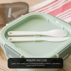 Porta pranzo quadrato 2 scomparti e posate Clicks verde
