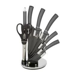 Set 5 coltelli grigi con forbici, affilacoltelli e stand