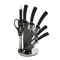Set 5 coltelli neri con forbici, affilacoltelli e stand