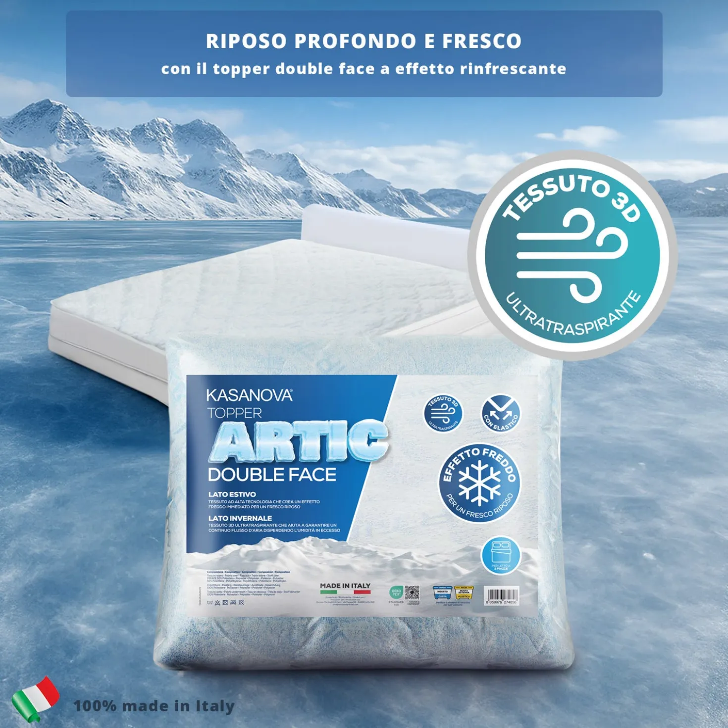Topper matrimoniale fibra Artic effetto rinfrescante